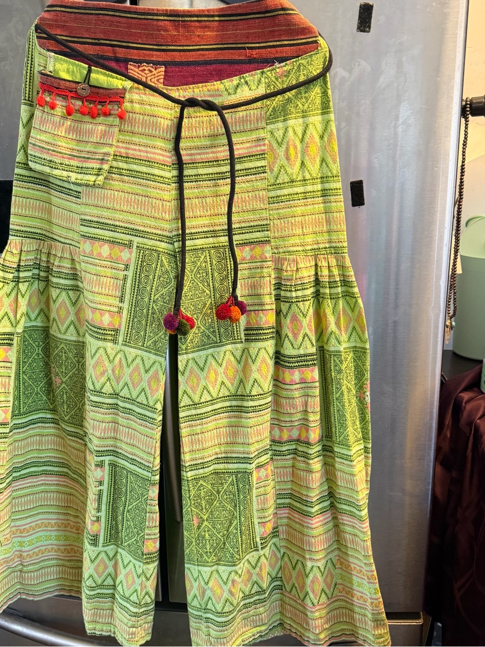 Charming Charlie Lime Green Patterned Maxi Skirt with Pom-Tie Waist